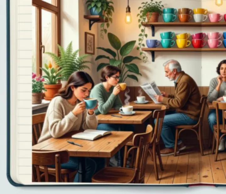 Ambiance cosy d'un petit café avec boissons, plantes et lumière douce