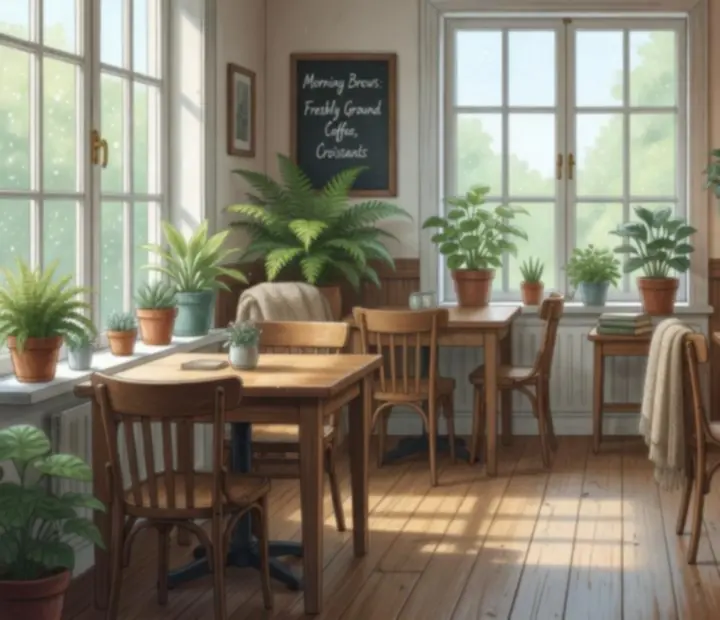 Illustration d'un café cosy traversant la journée, du matin lumineux à la soirée feutrée.