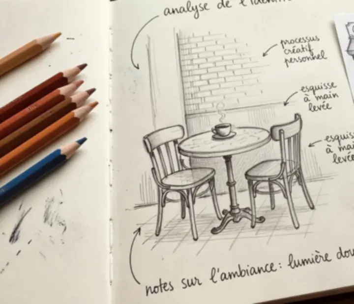 Croquis et esquisses illustrant l'identité artistique de Tiny Coffee Shop Story dans un carnet