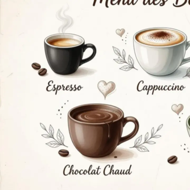 Boissons chaudes présentées sur un menu de café illustré