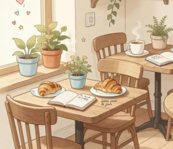 Illustration d'un minuscule café cosy baigné de lumière, avec tables en bois, plantes et tasses fumantes.