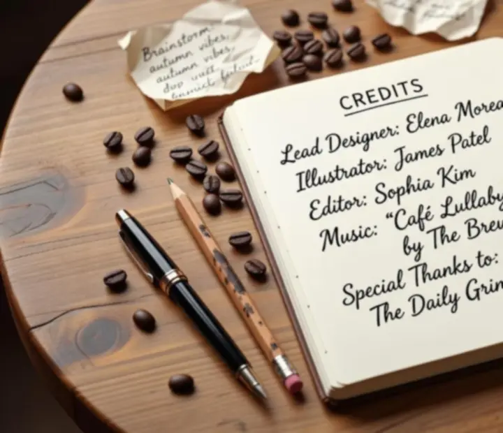Carnet de crédits illustré, ouvert sur une table en bois, entouré de grains de café, d'une tasse fumante et de stylos.