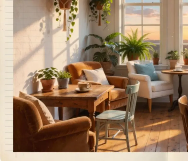 Intérieur de café cosy baigné d'une lumière douce, avec plantes et mobilier en bois.
