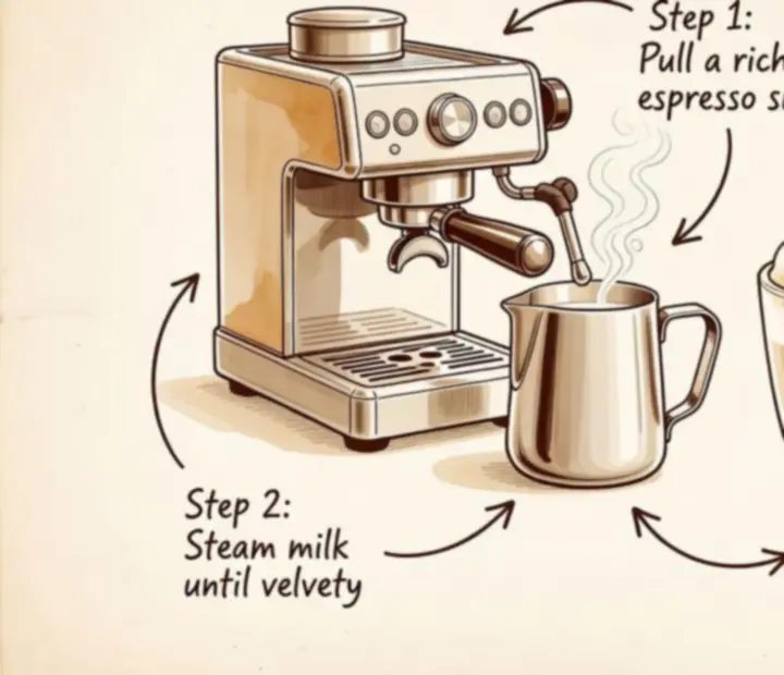 Préparation illustrée d'un café latte avec mousse et annotations manuscrites