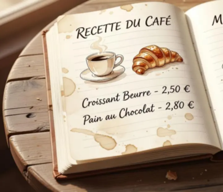Carnet de recettes illustré avec un menu de café manuscrit