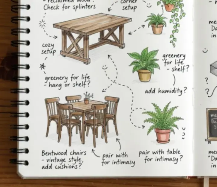 Carnet de décoration de café avec croquis et idées d'aménagement