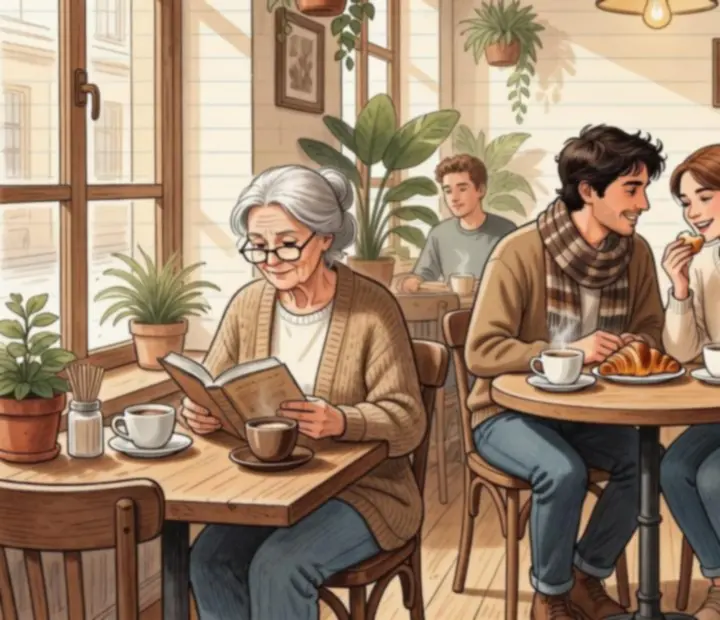 Croquis de clients dans un café cosy&nbsp;: un lecteur, un couple partageant un gâteau et un étudiant concentré.