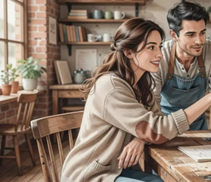 Client inspirant la décoration d&rsquo;un café cosy avec des plantes et des objets boisés