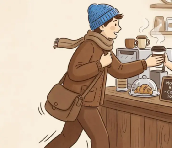 Illustration d&rsquo;un client pressé commandant un café à emporter