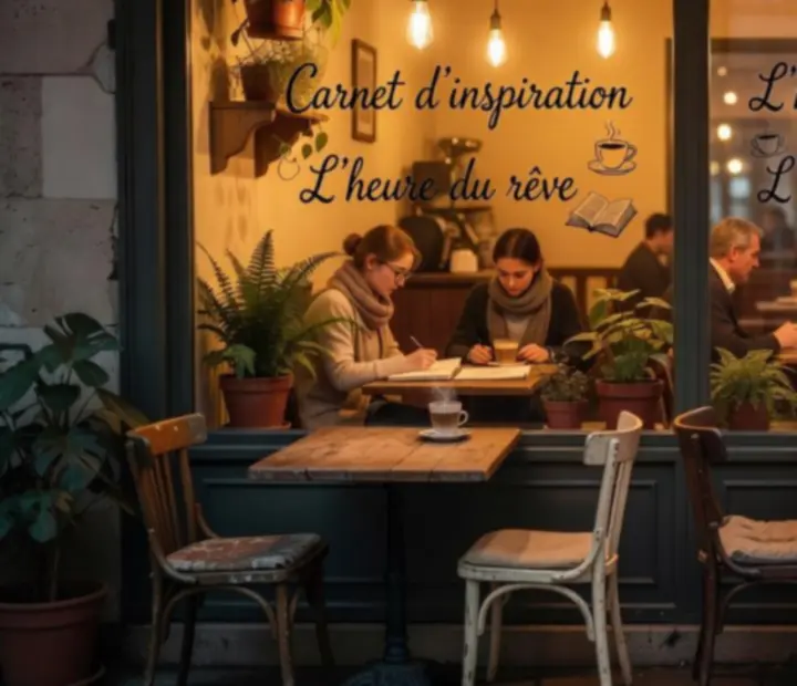 Terrasse de café parisien ensoleillée avec petites tables rondes et tasses de café.