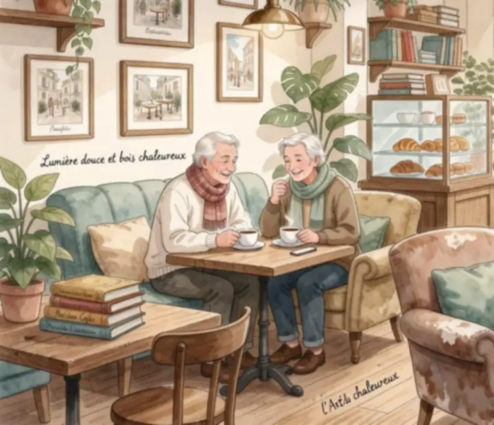 Double page illustrée montrant un petit café baigné de lumière douce avec clients, plantes et tasses fumantes