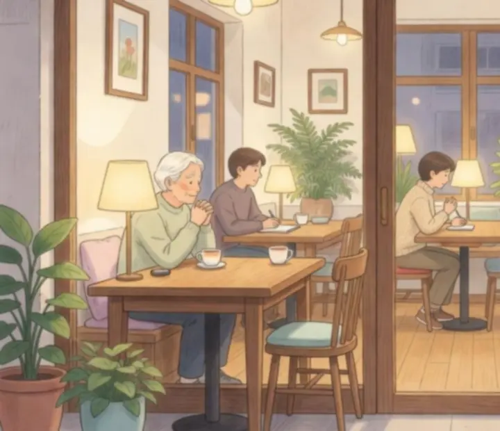 Petit café cosy le soir, lumière chaude filtrant par la vitrine, symbole de gratitude envers la communauté.