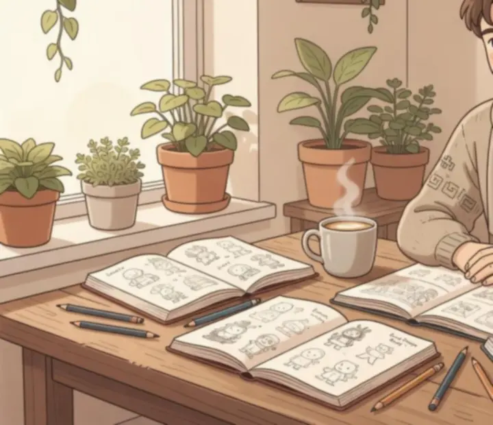 Illustration de la créatrice dessinant un petit café cosy dans son carnet