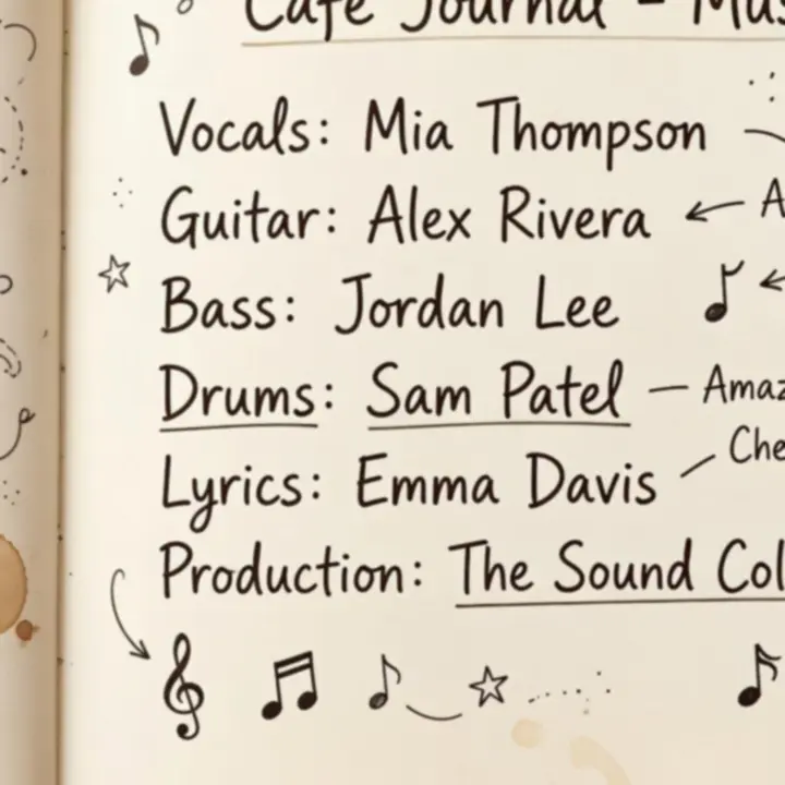 Carnet de notes montrant des crédits de musique et un reçu de café