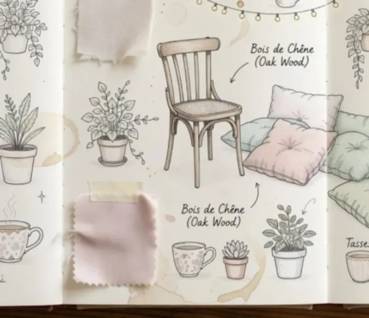 Planche d'inspiration de décoration cosy pour un petit café