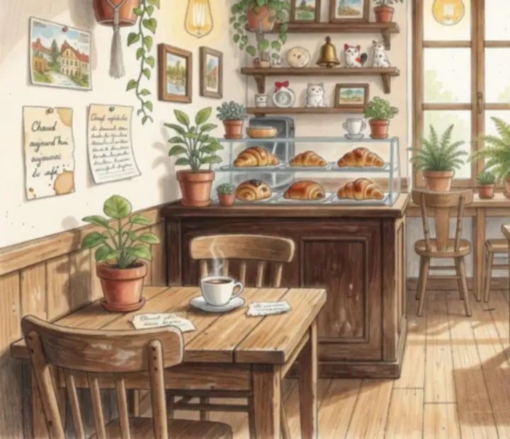 Coin cosy de salon de café avec plantes, fauteuils moelleux et lumière tamisée