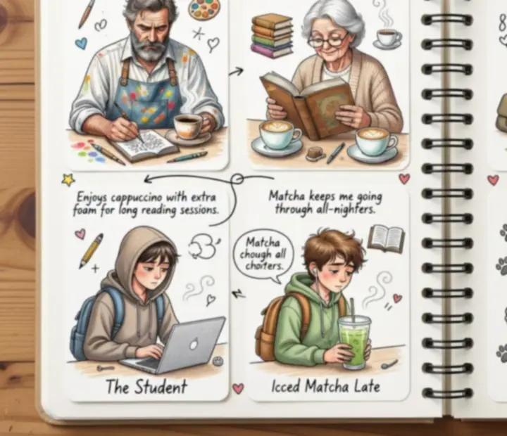 Fiches de carnet illustrant différents clients et leurs boissons préférées