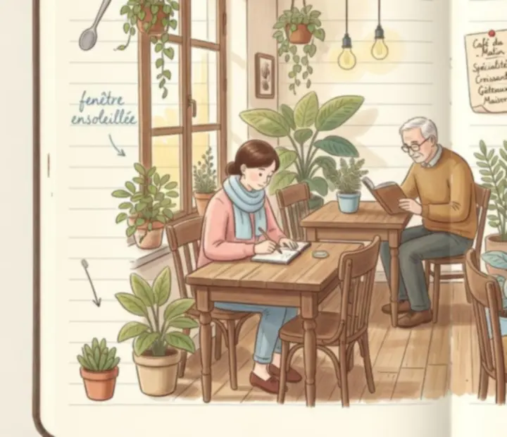 Illustration d'un petit café cosy dessiné dans un carnet, avec tasses colorées, plantes et pâtisseries