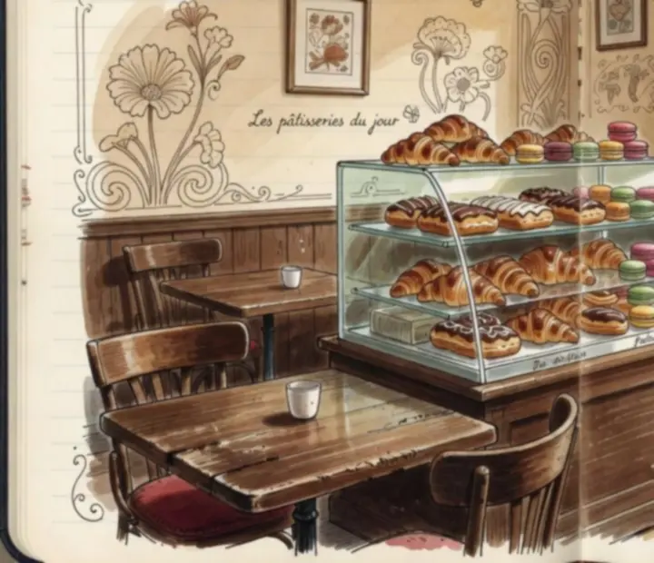Petit café parisien intimiste avec lumière douce et mobilier chaleureux