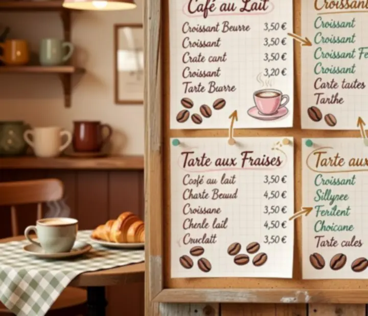 Exemple de menu créatif de café avec gribouillages et listes manuscrites