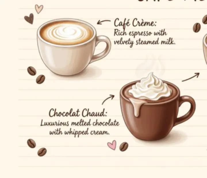 Illustration de tasses de café latte dessinées sur un menu manuscrit