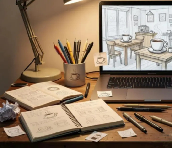 Espace de travail d'un studio indépendant avec carnet, tablette graphique et tasse de café.