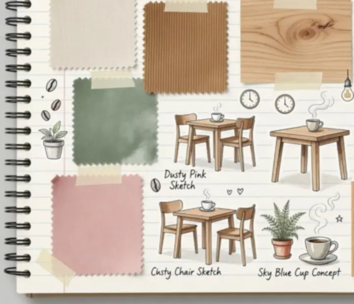 Moodboard de décoration de café avec textures, couleurs et mobilier