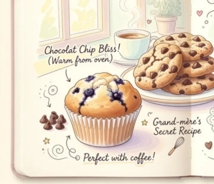 Carnet illustré de recettes de pâtisseries avec muffins, cookies et parts de cake