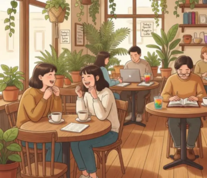 Scène cosy de café avec plusieurs clients, intérieur boisé, plante verte et tasses fumantes