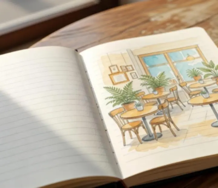 Carnet de croquis d'artiste rempli de petites illustrations de cafés et de tasses.