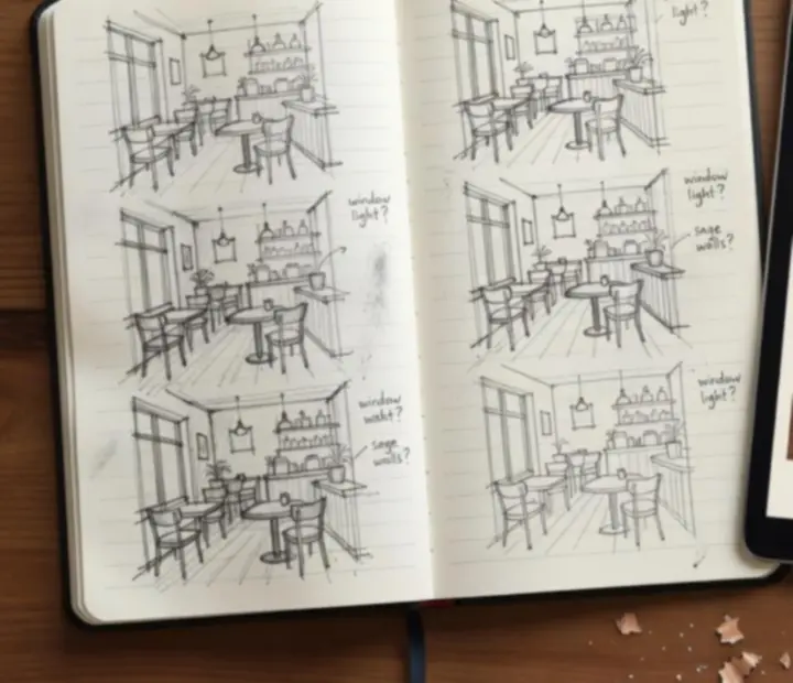 Processus de création dans un carnet de croquis montrant l'évolution d'un petit café illustré
