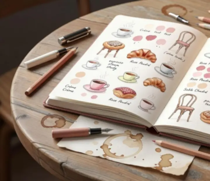Carnet de croquis rempli d'illustrations de cafés, de tasses et de petits détails cosy